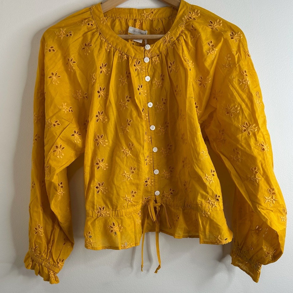 OUTERKNOWN Yellow Embroidered Eyelet Cotton Peasant Blouse Top S‎ Pet Boho Chic